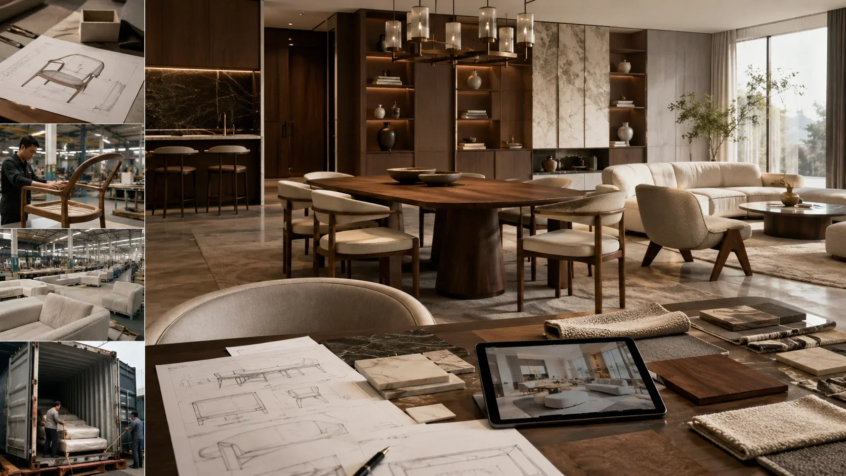 custom furniture project planning with drawings and material samples for a luxury villa