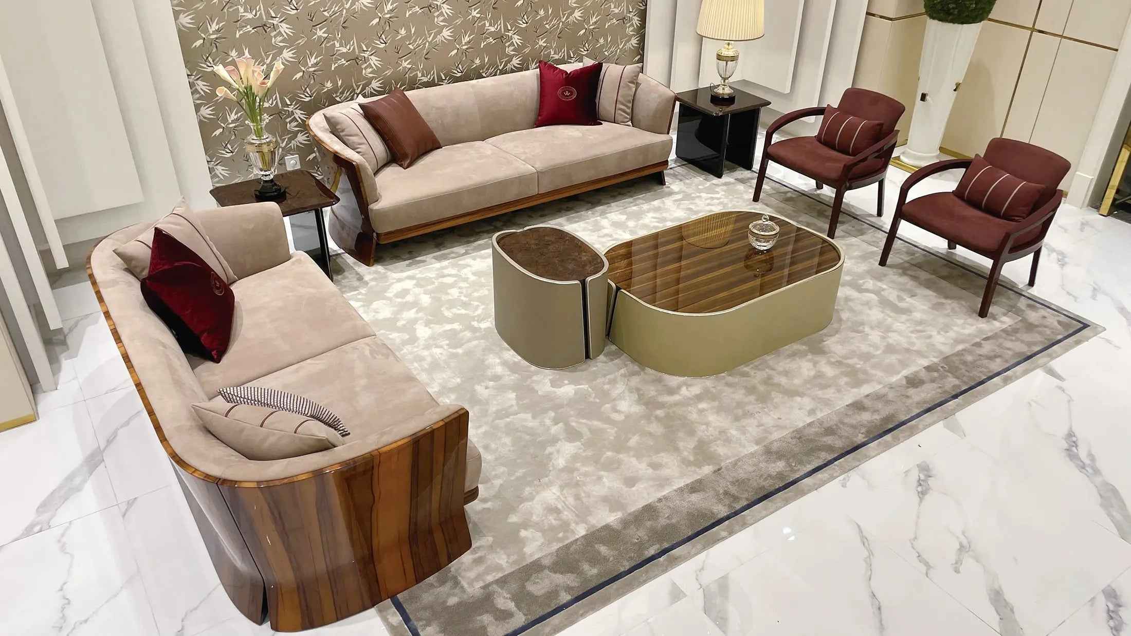 Light Luxury style Smoked maple and Burr Walnut upholstered sofa Living Room Hotel set sofa W016SF1B Bentley NEWENT Sofa