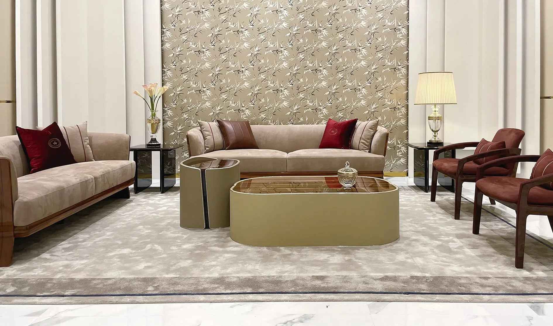 Light Luxury style Smoked maple and Burr Walnut upholstered sofa Living Room Hotel set sofa W016SF1B Bentley NEWENT Sofa