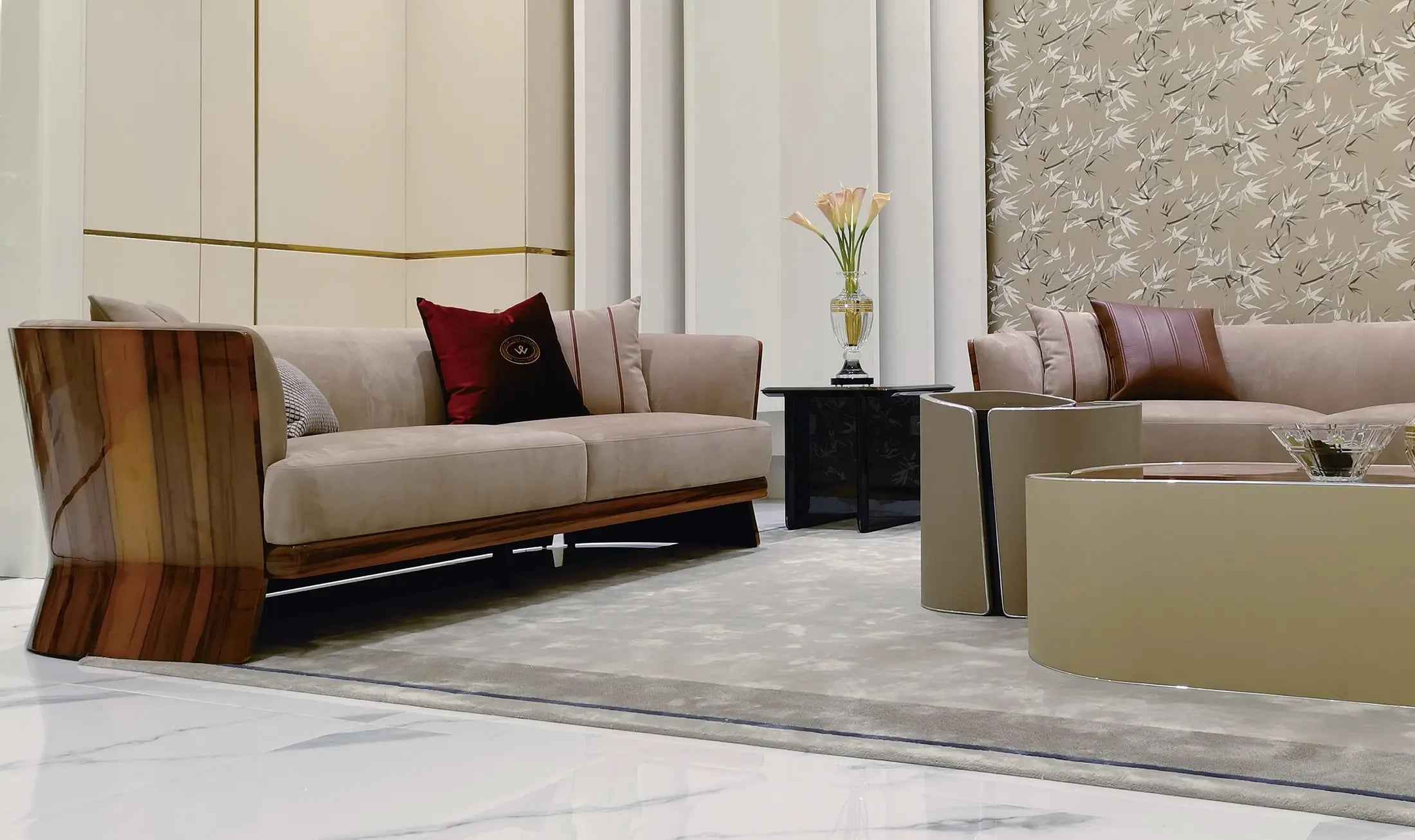 Light Luxury style Smoked maple and Burr Walnut upholstered sofa Living Room Hotel set sofa W016SF1B Bentley NEWENT Sofa