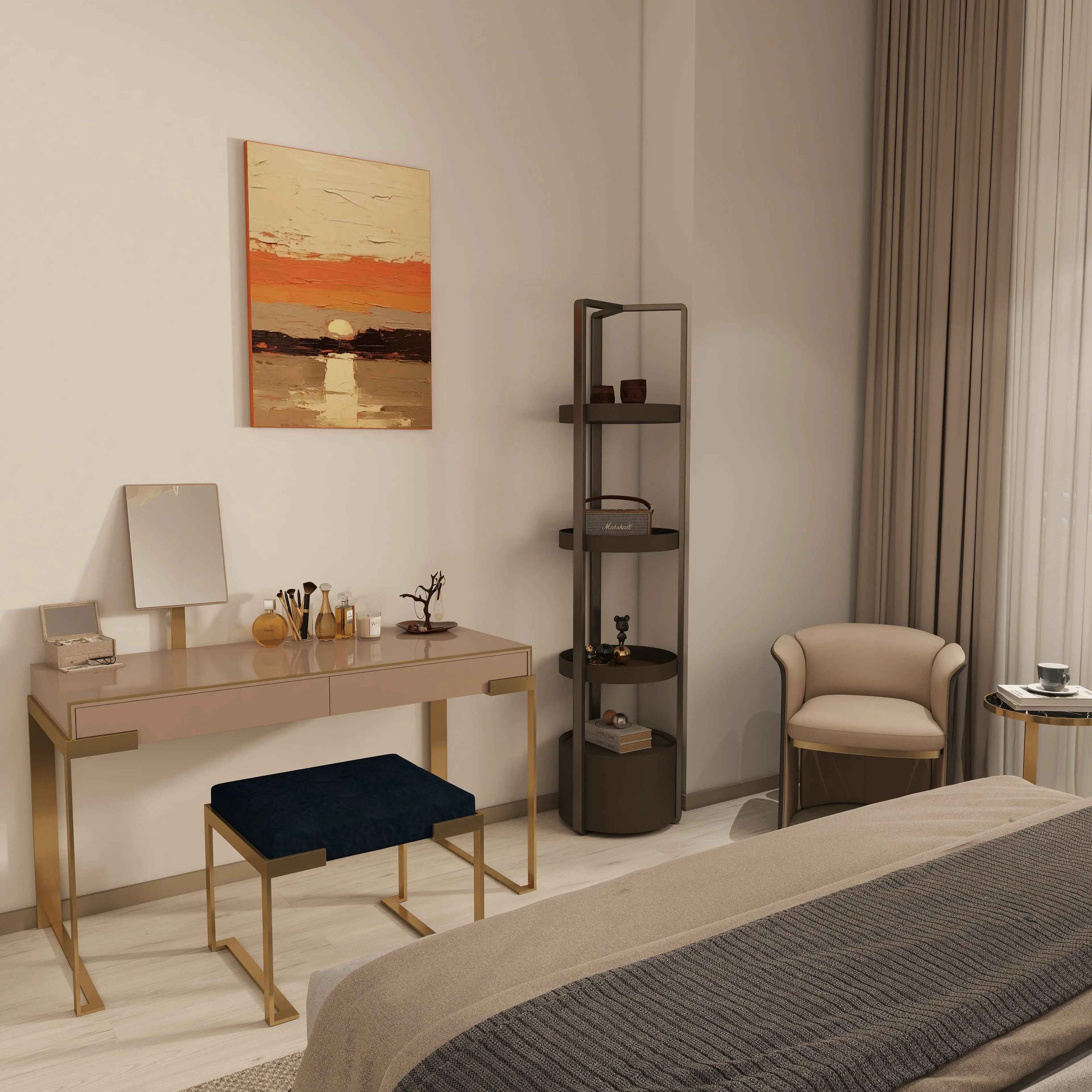 Modern Simple Metal Frame Upholstered Dressing Stool W009B16B Fendi style Aura vanity stool