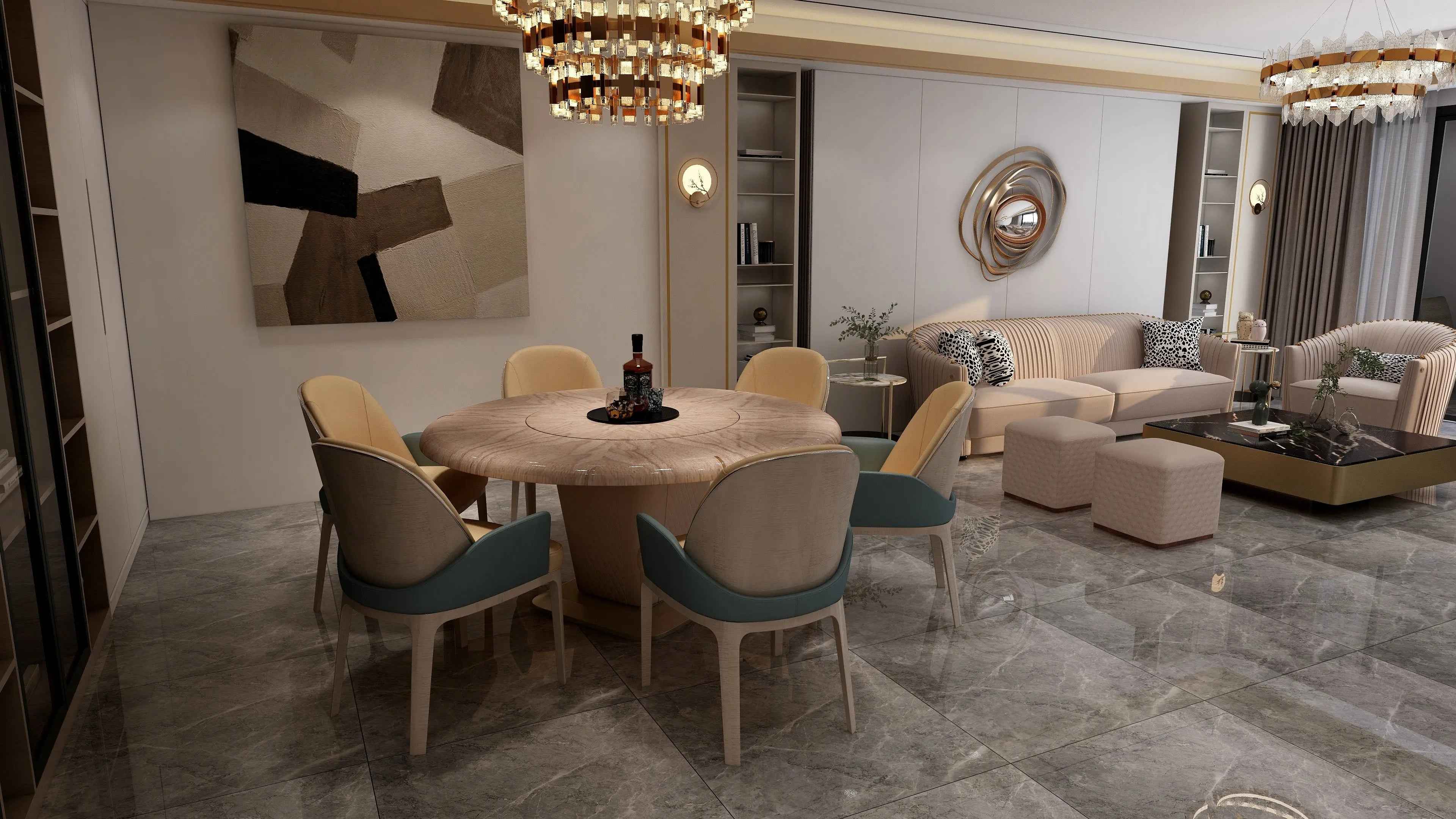 Round Modern Luxury Dining Table with Metal Base and Wood Veneer W009D1 Bentley Dining Table