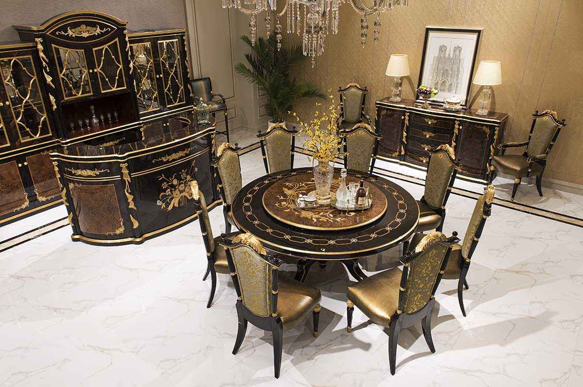 Luxury French Empire Bar Set TZ-029 - Hand-Carved Russian Birch Wood with Phantom Black & Amber Gold Finishes