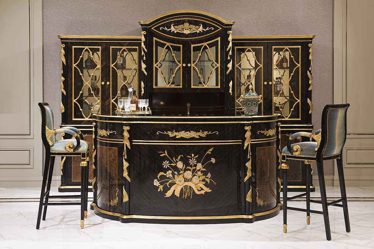 Luxury French Empire Bar Set TZ-029 - Hand-Carved Russian Birch Wood with Phantom Black & Amber Gold Finishes