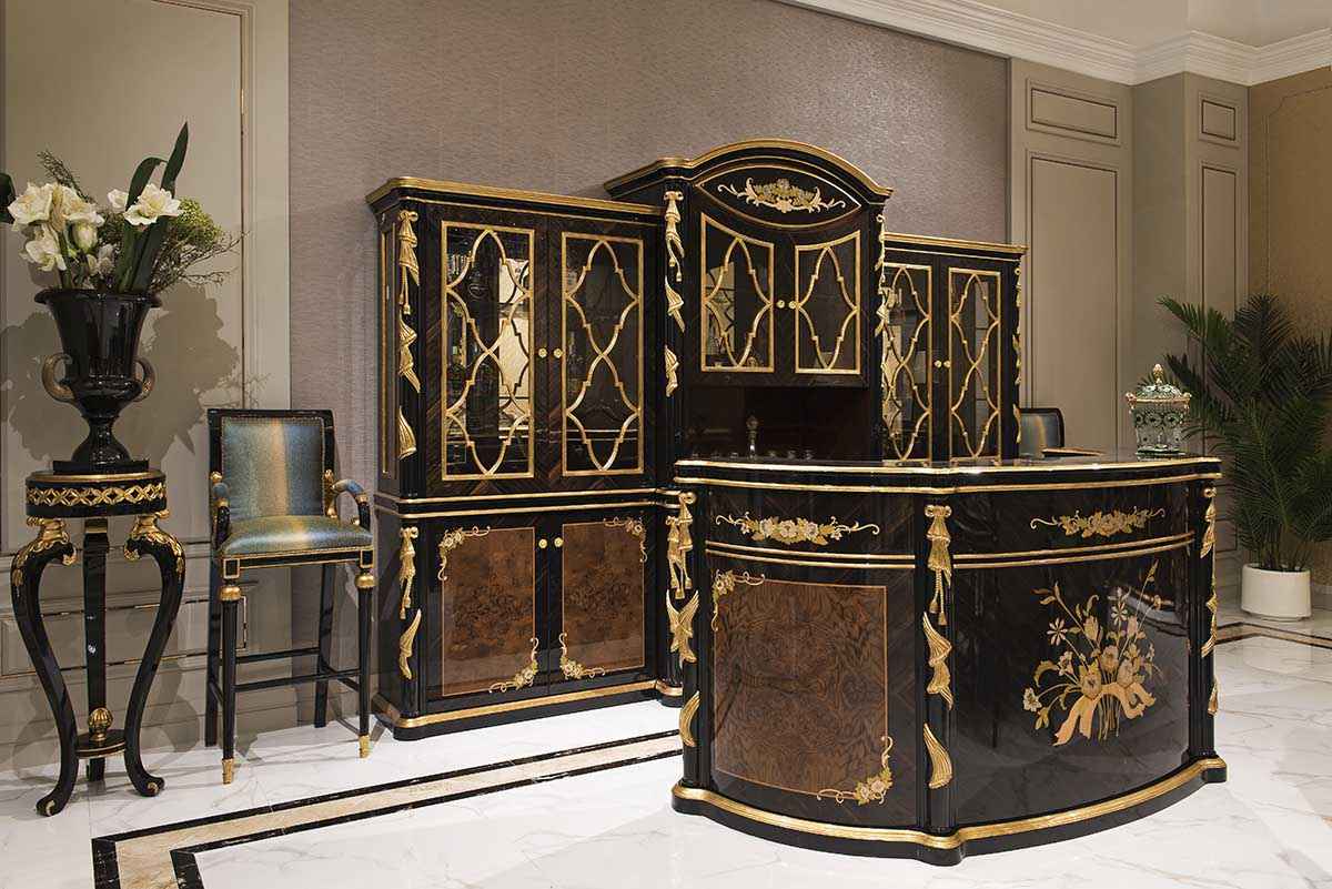 Luxury French Empire Bar Set TZ-029 - Hand-Carved Russian Birch Wood with Phantom Black & Amber Gold Finishes