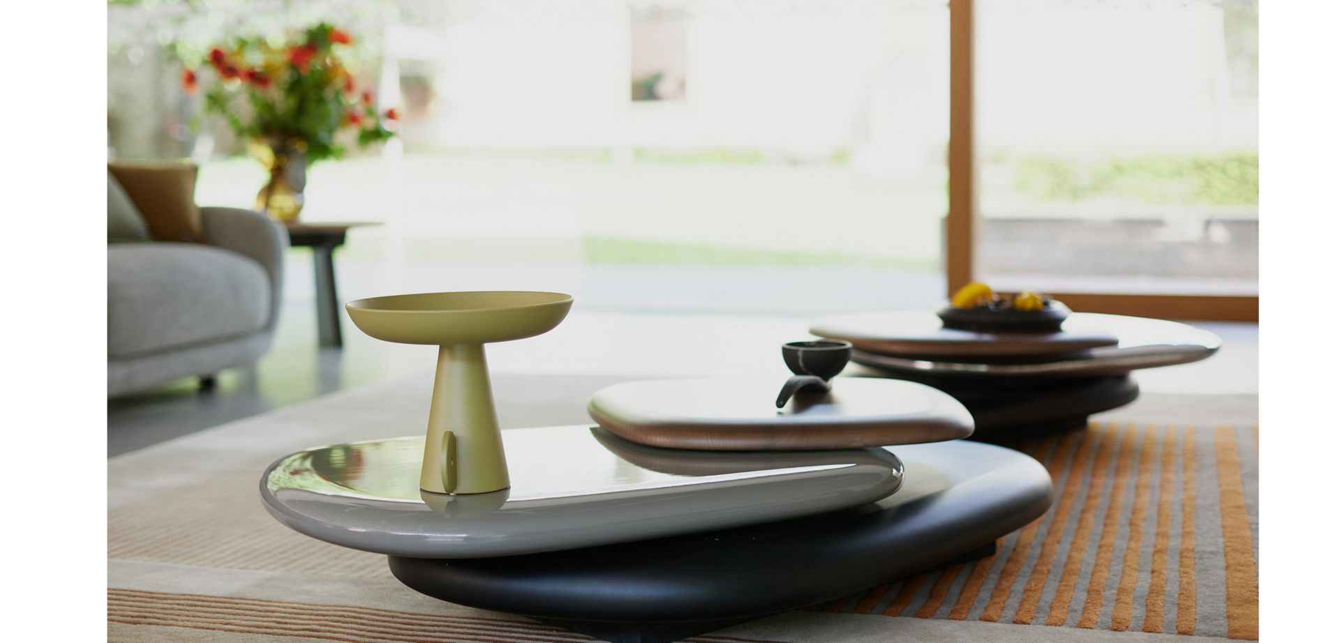 Sophisticated Walnut Finish:Oval Coffee Table with 360-Degree Rotating Surfaces Multilevel Coffee Table Design