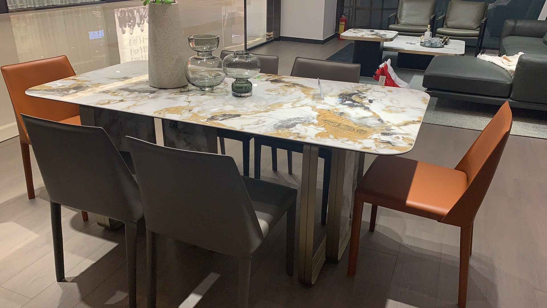 Italian minimalist style fish maw gold rock plate stainless steel brushed champagne gold dining table HA-1908 Dining Table