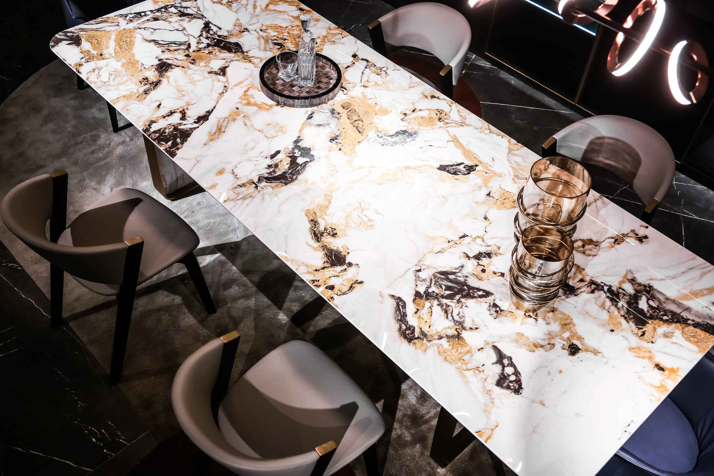 Italian minimalist style fish maw gold rock plate stainless steel brushed champagne gold dining table HA-1908 Dining Table