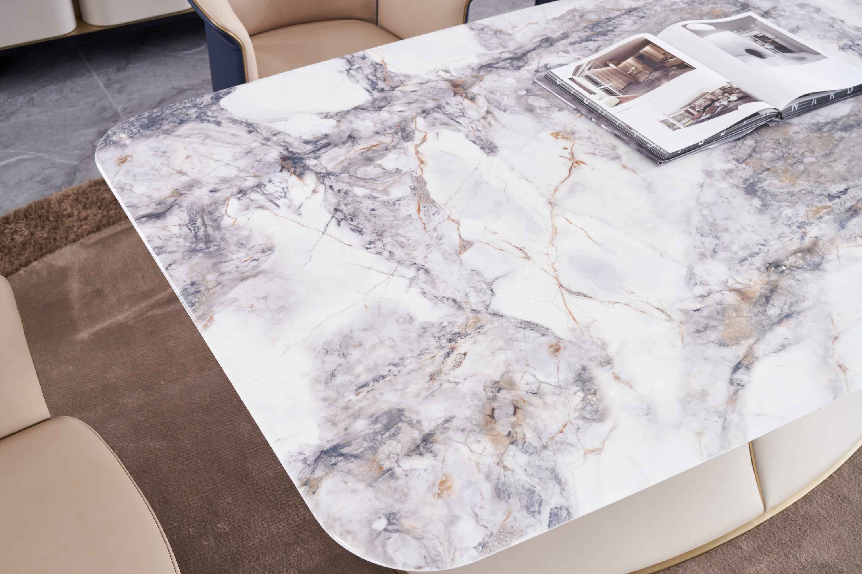 Italian minimalism Nile Danqing Color crystal Platinum Diamond marble Valkin marble gold powder Pandora Marble Blue Crystal marble long dining table DA5-039-1 Long dining Table