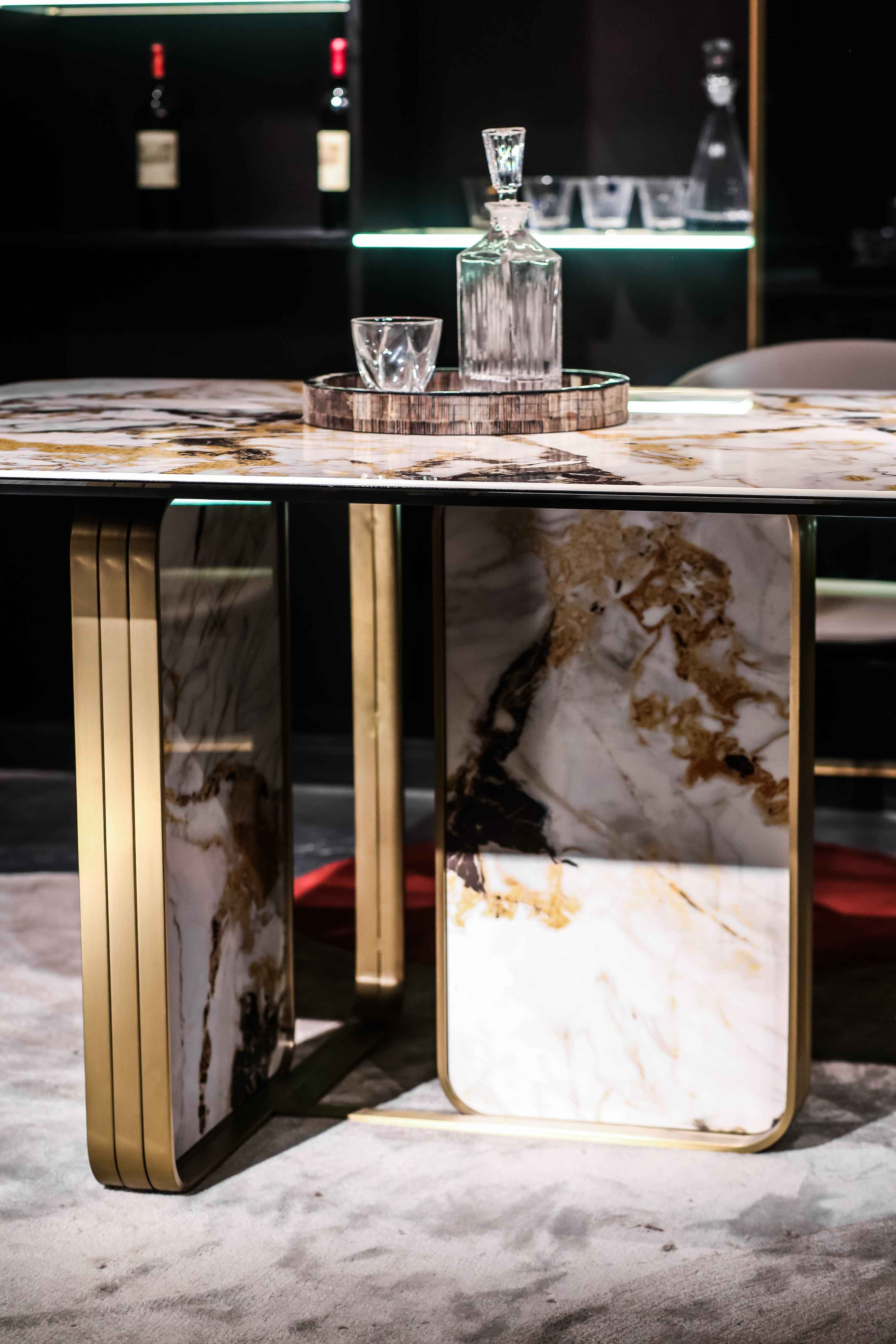 Italian minimalist style fish maw gold rock plate stainless steel brushed champagne gold dining table HA-1908 Dining Table