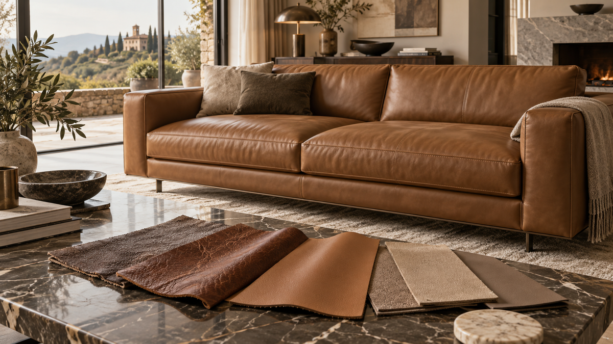 Italian leather sofa quality guide showing full-grain and top-grain leather samples beside a luxury brown leather sofa