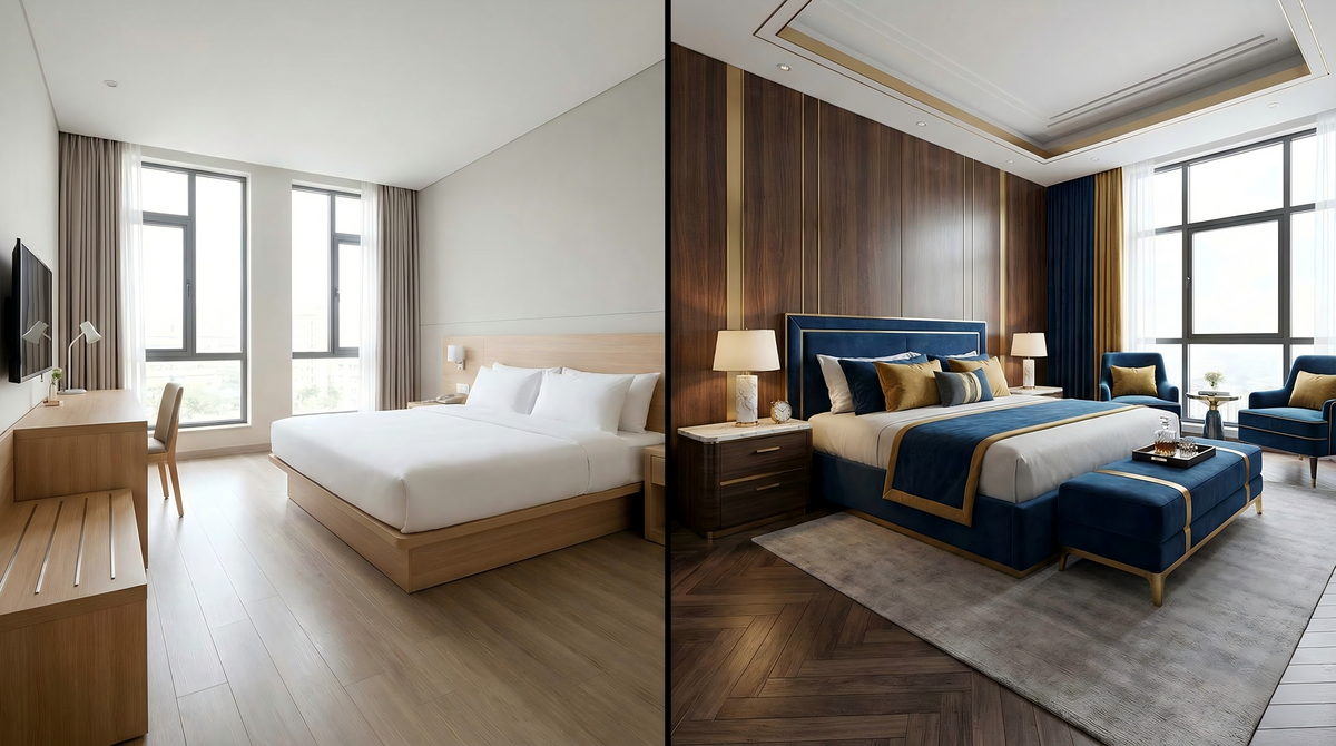 Side-by-side comparison of 3-star business hotel room furniture versus 5-star luxury suite interior design, illustrating FF&E budget differences for 2026 projects by Chiu Chiu Furniture.