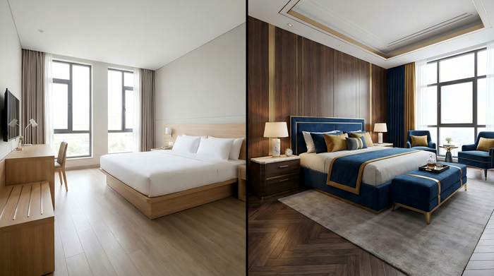 Side-by-side comparison of 3-star business hotel room furniture versus 5-star luxury suite interior design, illustrating FF&E budget differences for 2026 projects by Chiu Chiu Furniture.