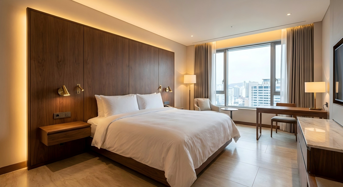 Luxury hotel bedroom furniture set featuring custom walnut headboard and floating nightstands, demonstrating high-end finish quality for cost estimation.