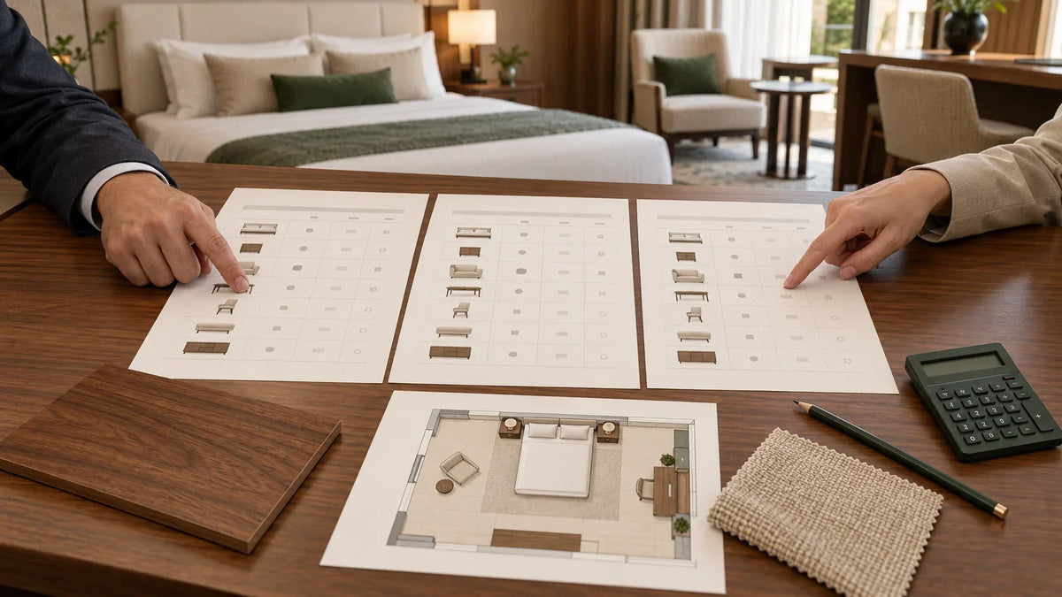 Illustrative workspace with hotel furniture quotations, a guestroom layout and material samples.