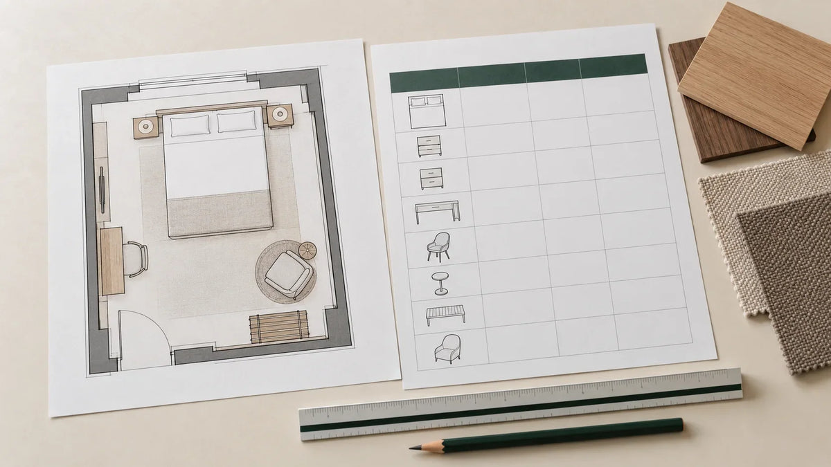 Illustrative workspace with a hotel guestroom furniture plan, quantity schedule, ruler and material samples.