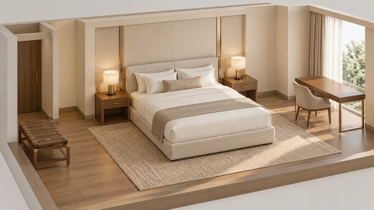 Illustrative hotel king room with two bedside tables, a writing desk and a luggage bench for furniture BOQ planning.