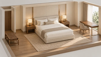 Illustrative hotel king room with two bedside tables, a writing desk and a luggage bench for furniture BOQ planning.