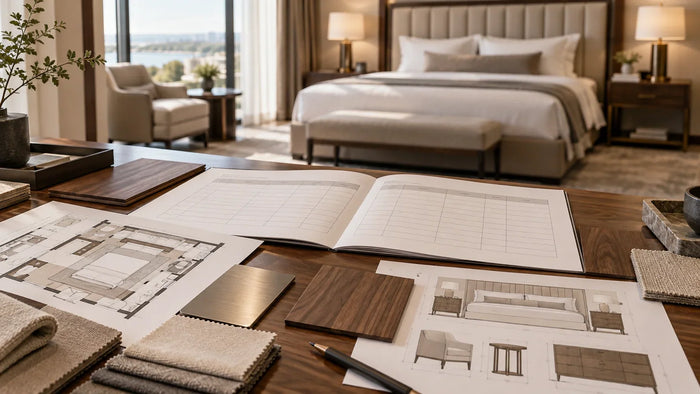Hotel furniture RFQ documents, guestroom drawings and material samples arranged on a procurement desk.
