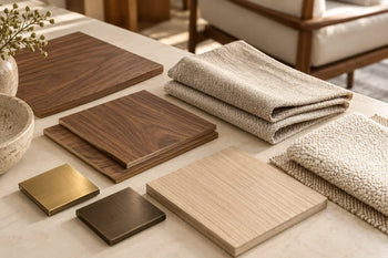 Wood veneer, upholstery fabric and metal samples for sustainable hotel furniture manufacturing