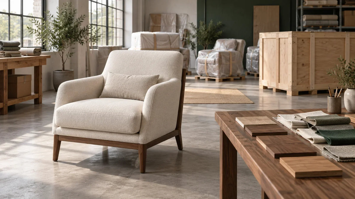 Illustration of an upholstered chair, material samples, and protective furniture packaging.