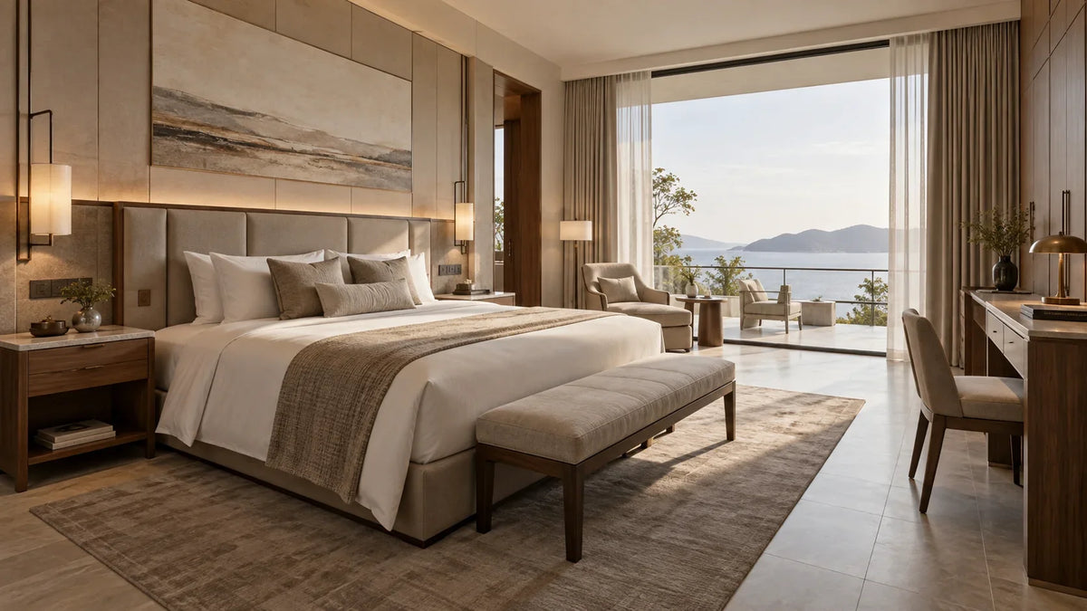 Custom furniture dimensions planning for a luxury hotel guestroom and villa interior
