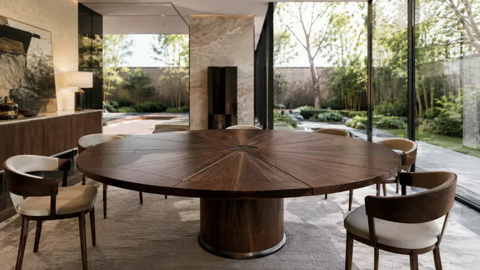 Luxury custom fletcher dining table with dark walnut starburst veneer in a modern villa dining room sourced from Foshan high-end furniture manufacturers