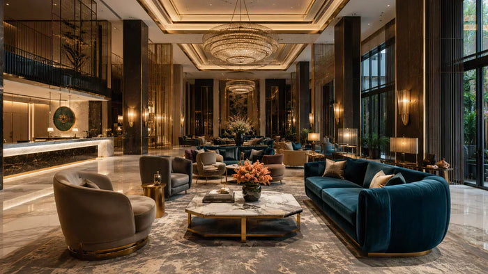 Premium custom hotel furniture in a modern lobby, demonstrating successful cross-border FF&E procurement from Foshan.