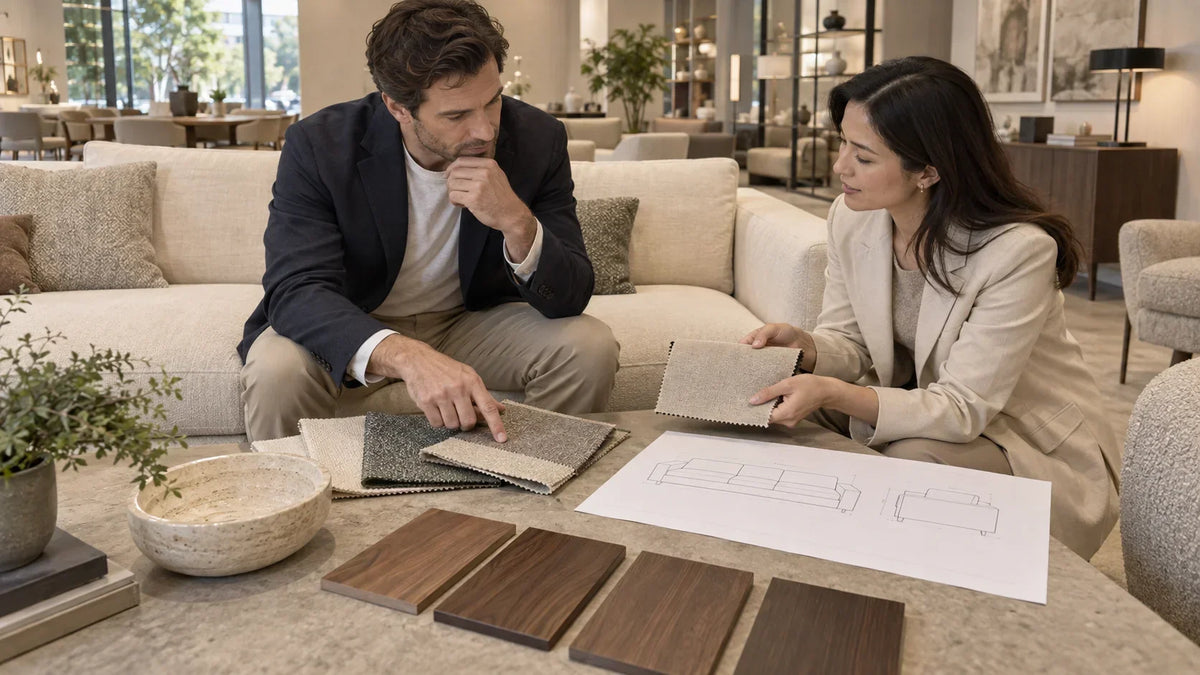 Buyer and consultant comparing sofa upholstery samples and specifications in a furniture showroom.