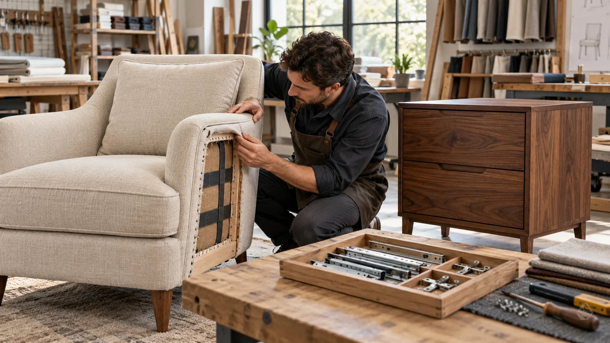 Technician inspecting an upholstered armchair beside a walnut cabinet and replacement furniture hardware.