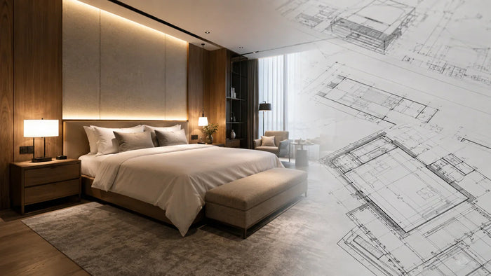 Luxury modern hotel suite room overlapping with architectural blueprints for a 200-room furniture project.