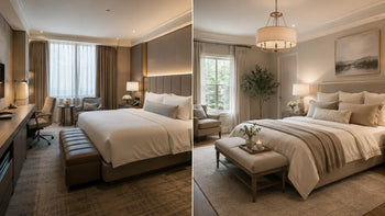 Hotel furniture vs residential furniture comparison in a luxury guest room and private home interior