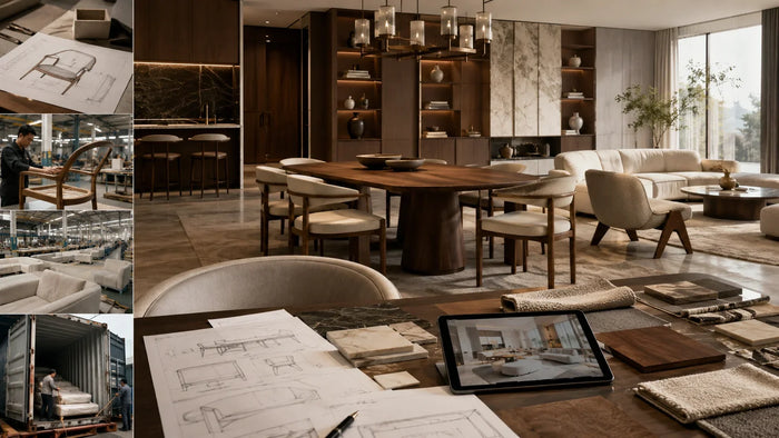 custom furniture project planning with drawings and material samples for a luxury villa