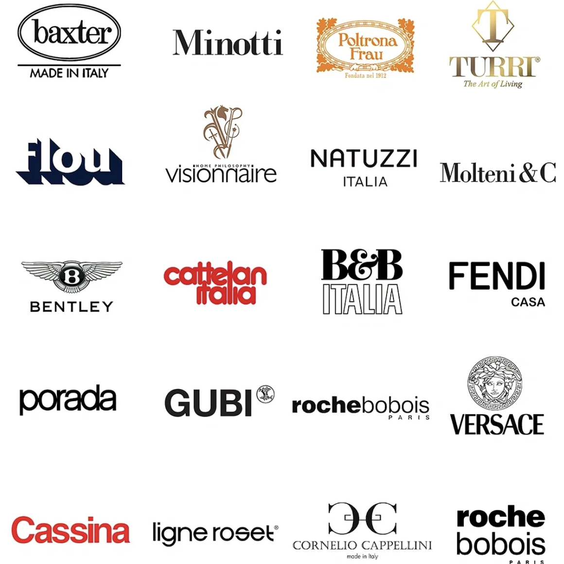 Logos of high-end furniture and design brands, including Baxter, Minotti, Poltrona Frau, Turri, Flou, Visionnaire, Natuzzi Italia, Molteni&C, Bentley Home, Cattelan Italia, B&B Italia, Fendi Casa, Porada, GUBI, Roche Bobois, Versace Home, Cassina, Ligne R