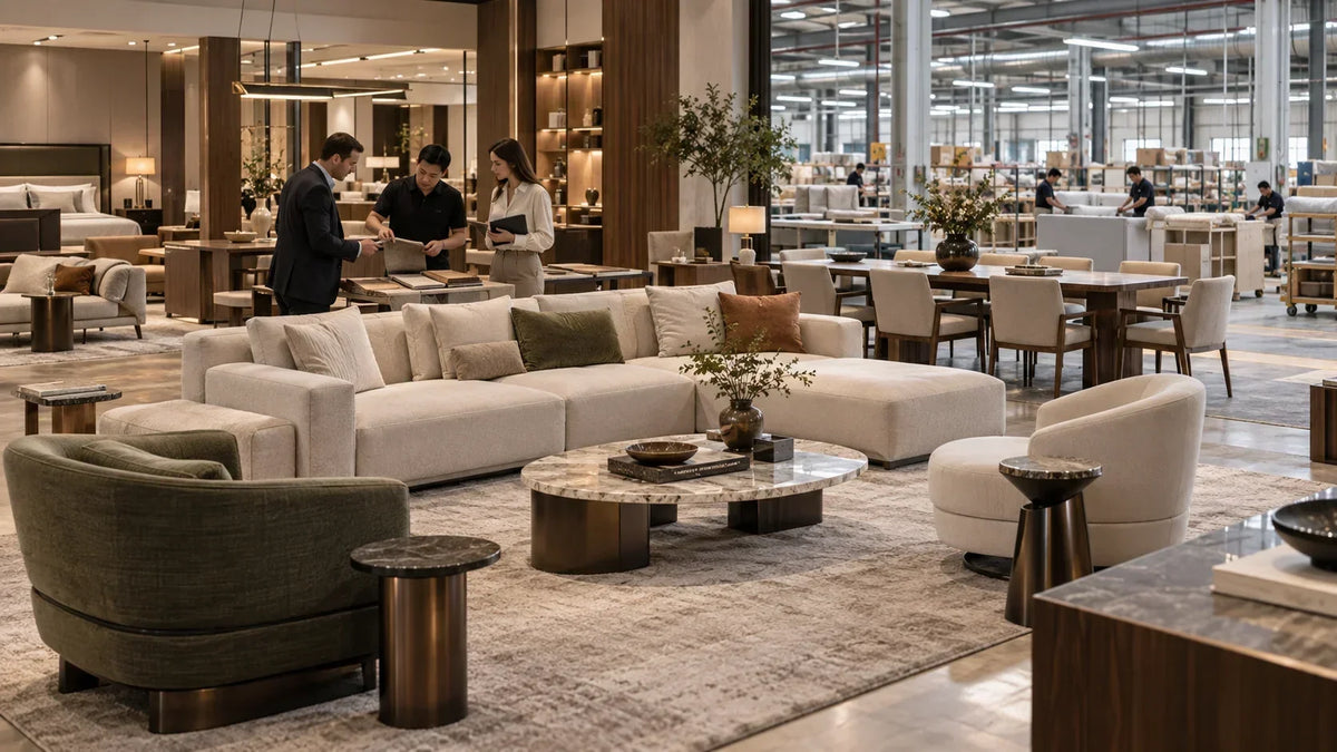 Furniture dealer sourcing wholesale furniture from a Foshan showroom and manufacturer