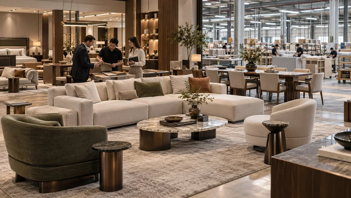 Furniture dealer sourcing wholesale furniture from a Foshan showroom and manufacturer