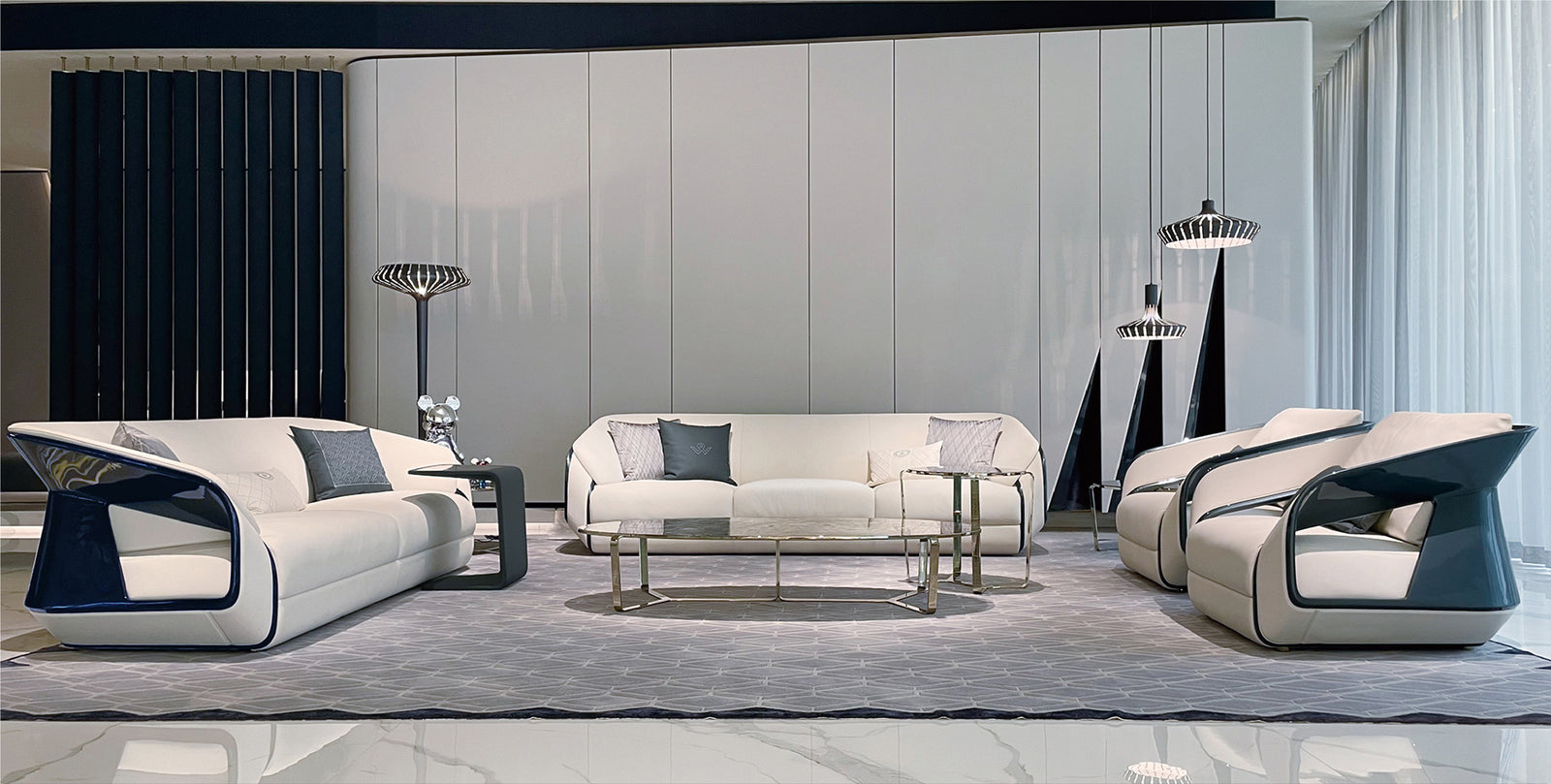 Ivory bespoke sofas and lounge chairs in a contemporary interior by ChiuChiu Furniture