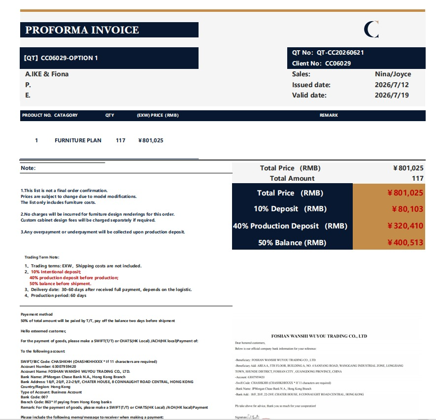 FURNITURE PLAN 10% Intentional Deposit