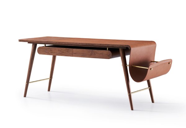 T-1016 Minimalism Bookcase desk High-quality saddle leather + walnut