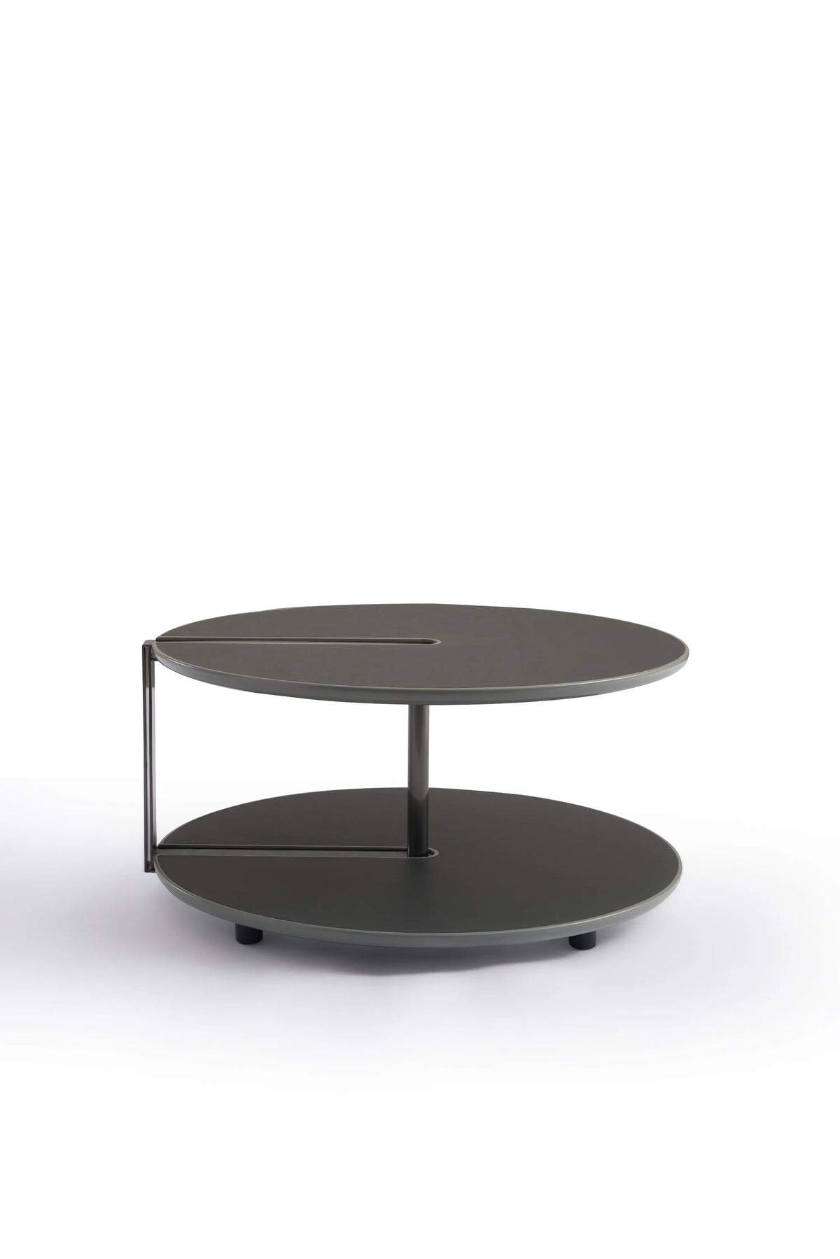 HC-2168-1 low round table with a grey top, lower shelf and dark support.