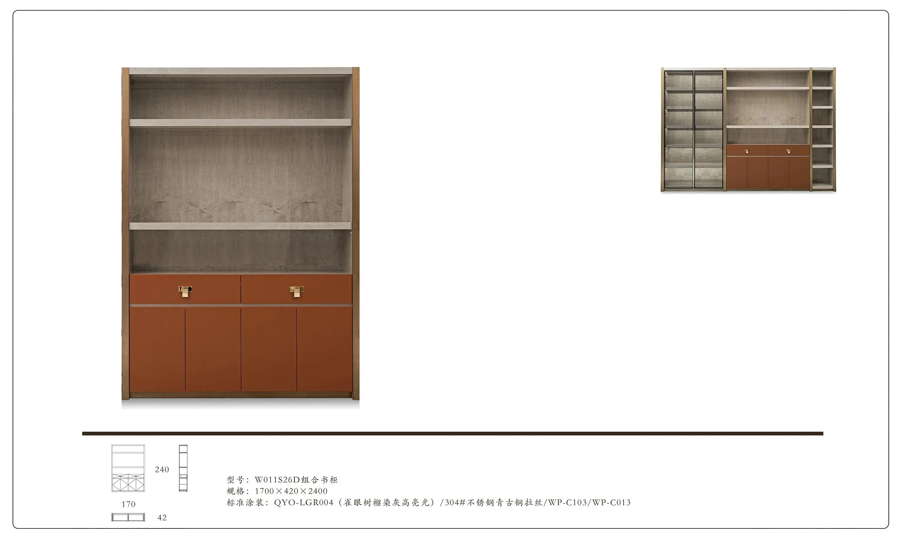 High Gloss Finished Veneer Leather Bookcase W011S26A Bentley style Closet office bookshelf  Combination bookcase W