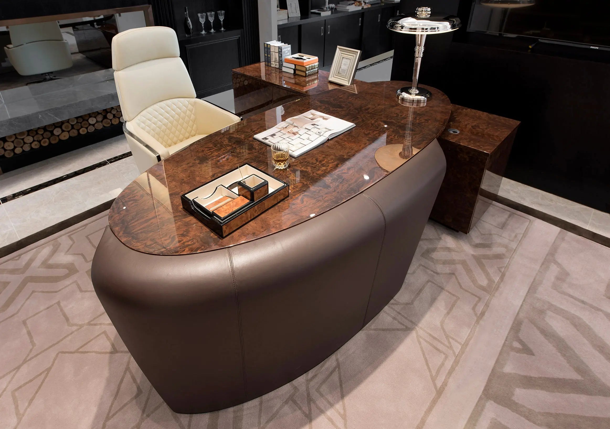 High Gloss Wooden Table Top Leather Home Office Table  W001S28 Bentley Style Boss Table W