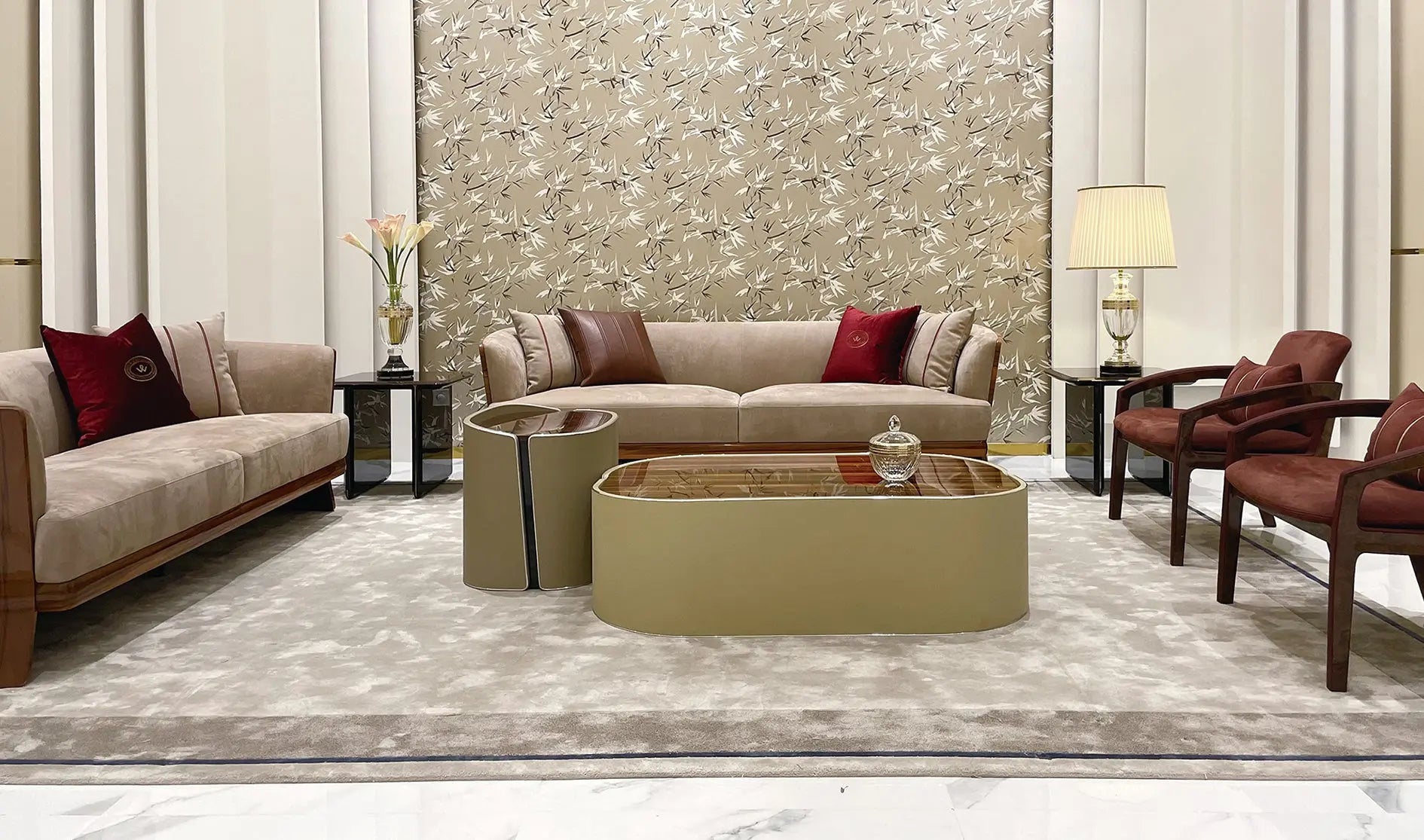 Light Luxury style Smoked maple and Burr Walnut upholstered sofa Living Room Hotel set sofa W016SF1B Bentley NEWENT Sofa W