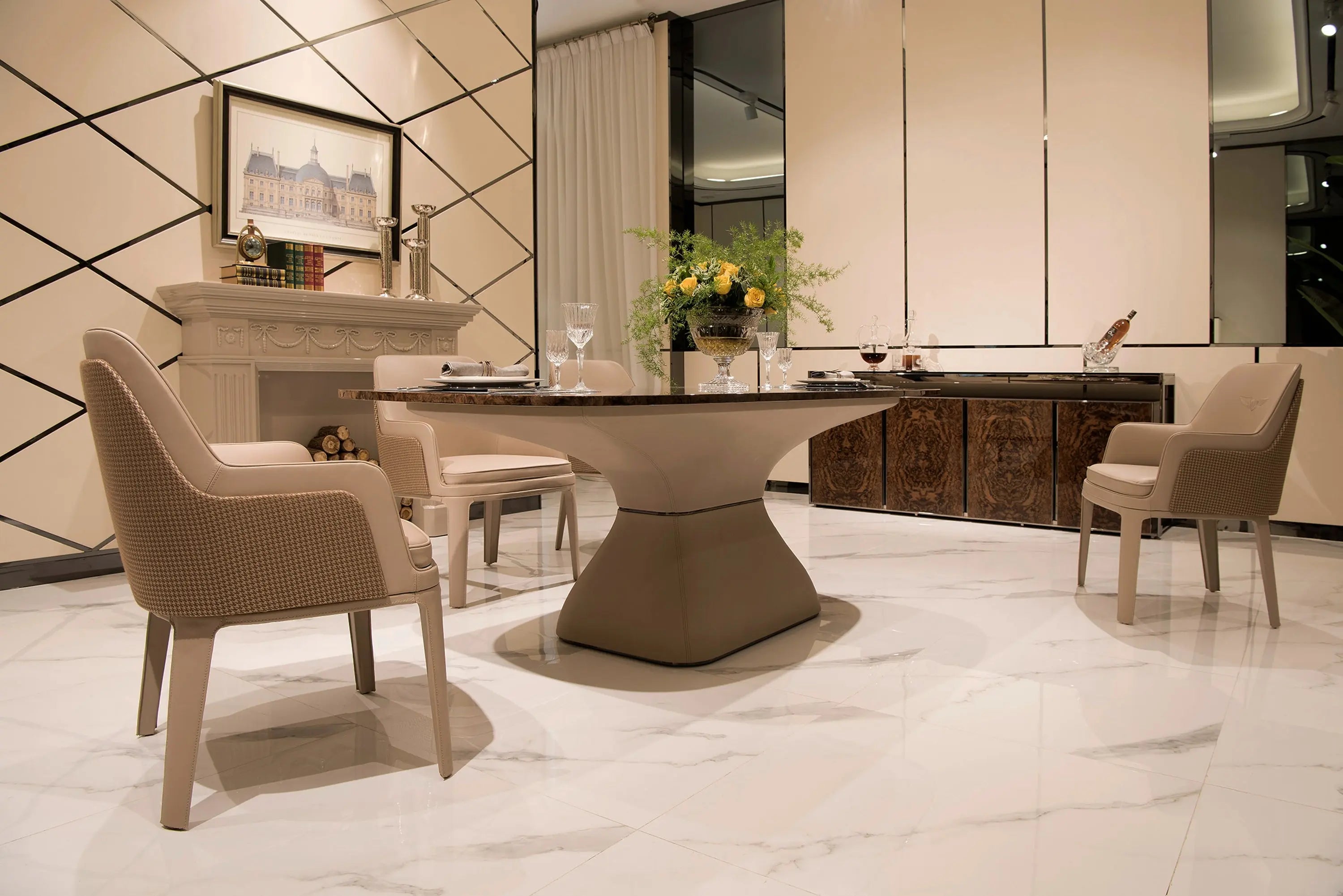 Modern Luxury High Gloss Veneer 4 Door Leather Sideboard W001D7 Bentley side cabinet