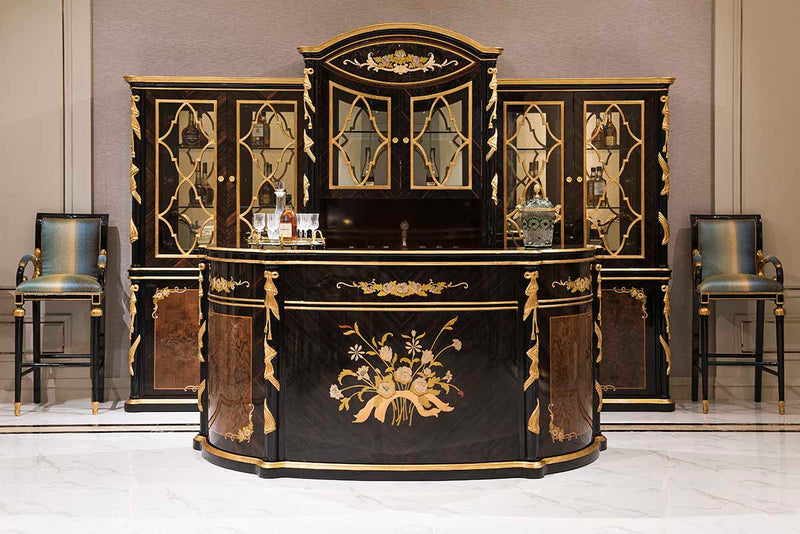 Luxury French Empire Bar Set TP-029 - Hand-Carved Russian Birch Wood with Phantom Black & Amber Gold Finishes