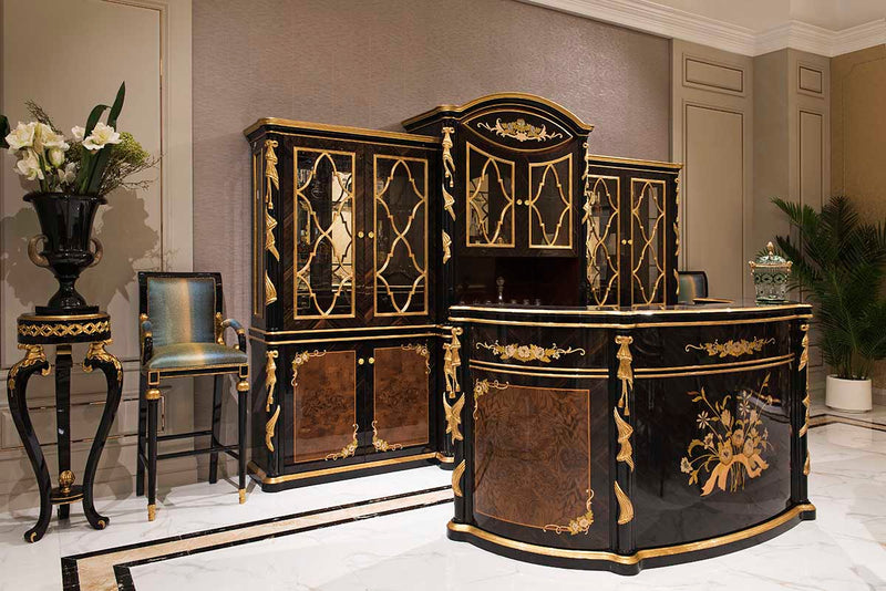 Luxury French Empire Bar Set TP-029 - Hand-Carved Russian Birch Wood with Phantom Black & Amber Gold Finishes