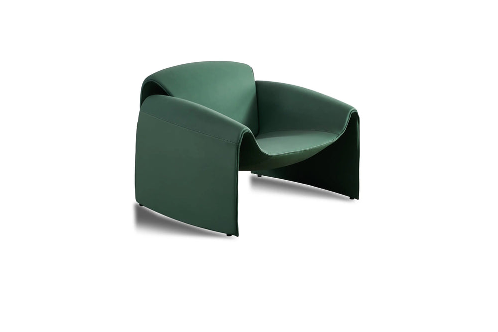 A green upholstered lounge chair showing the curved backrest, arms, seat and base.