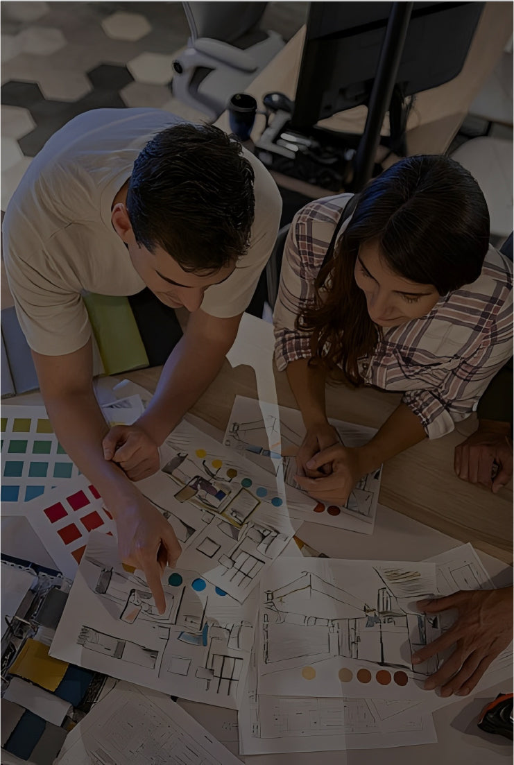 Project team developing furniture dimensions materials and technical information