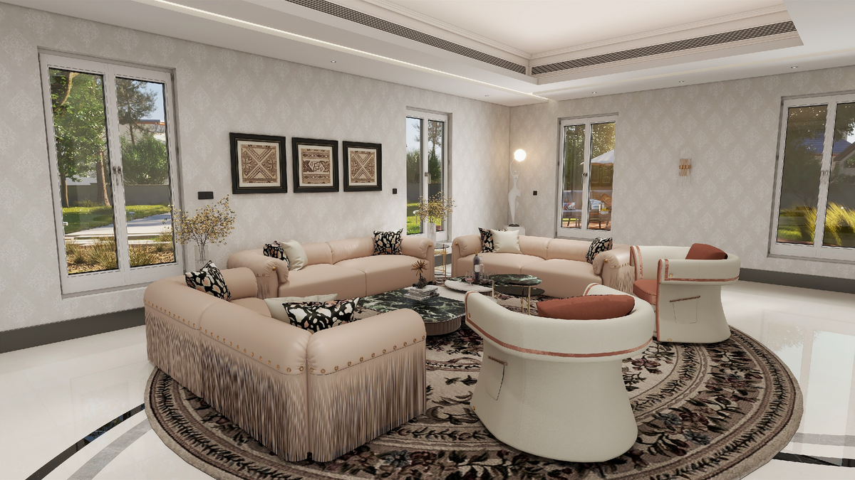 Living room design with curved cream sofas and armchairs around round coffee tables