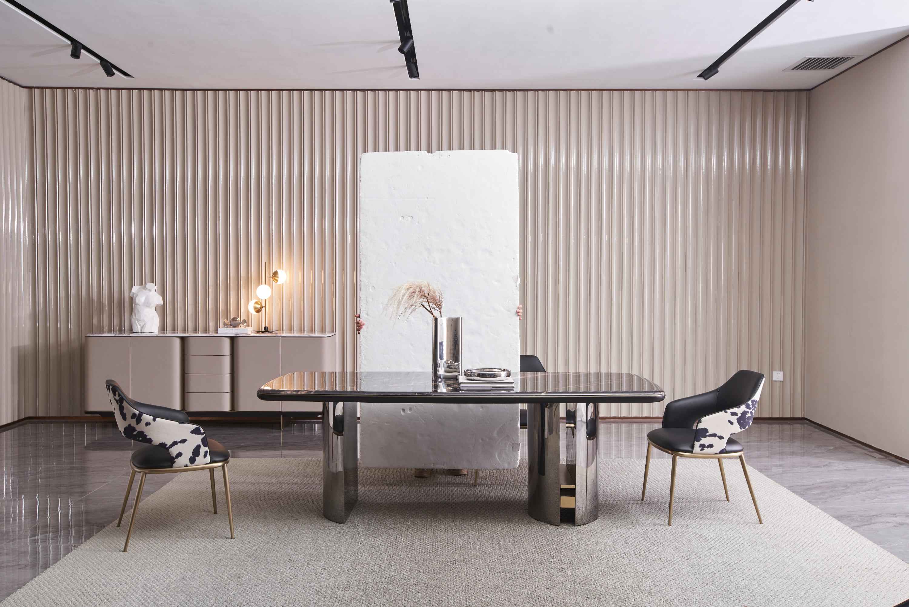 Italian minimalist style starry sky gilt color crystal stone Platinum diamond marble Valkin marble gold powder Pandora marble Blue crystal marble long dining table DA-051-1 Long dining Table